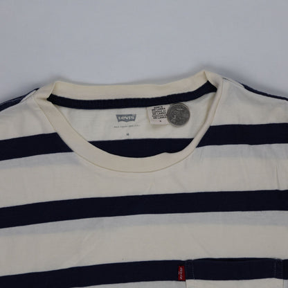 Levi's Men's Cream Navy Striped Casual T-Shirt Medium Cotton Crewneck Vintage