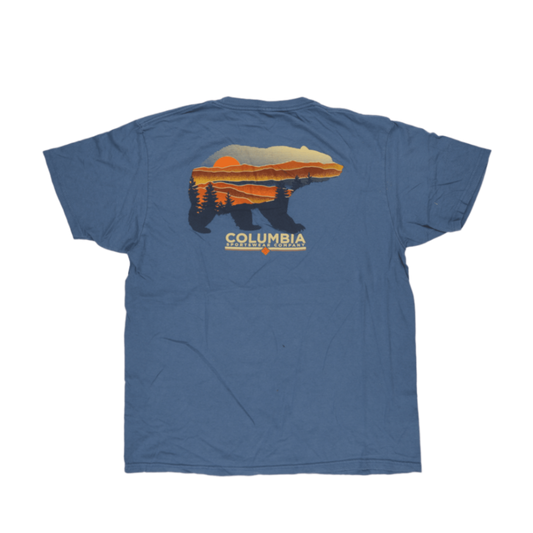 Columbia Bear Print Blue Graphic Outdoor T-Shirt Large Cotton Blend Crew Neck