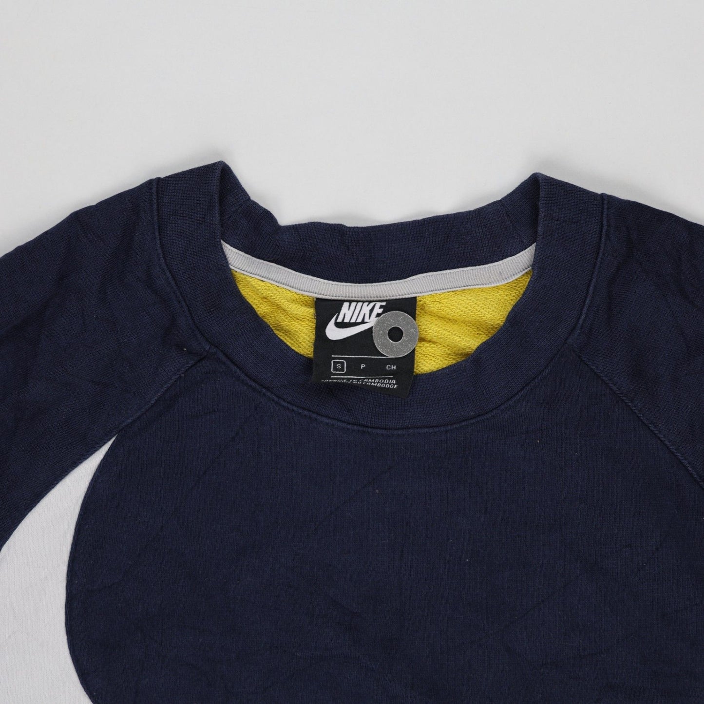 Nike Vintage Colour Block Sweatshirt Unisex Navy Yellow White Size S Cotton Blend Crew Neck