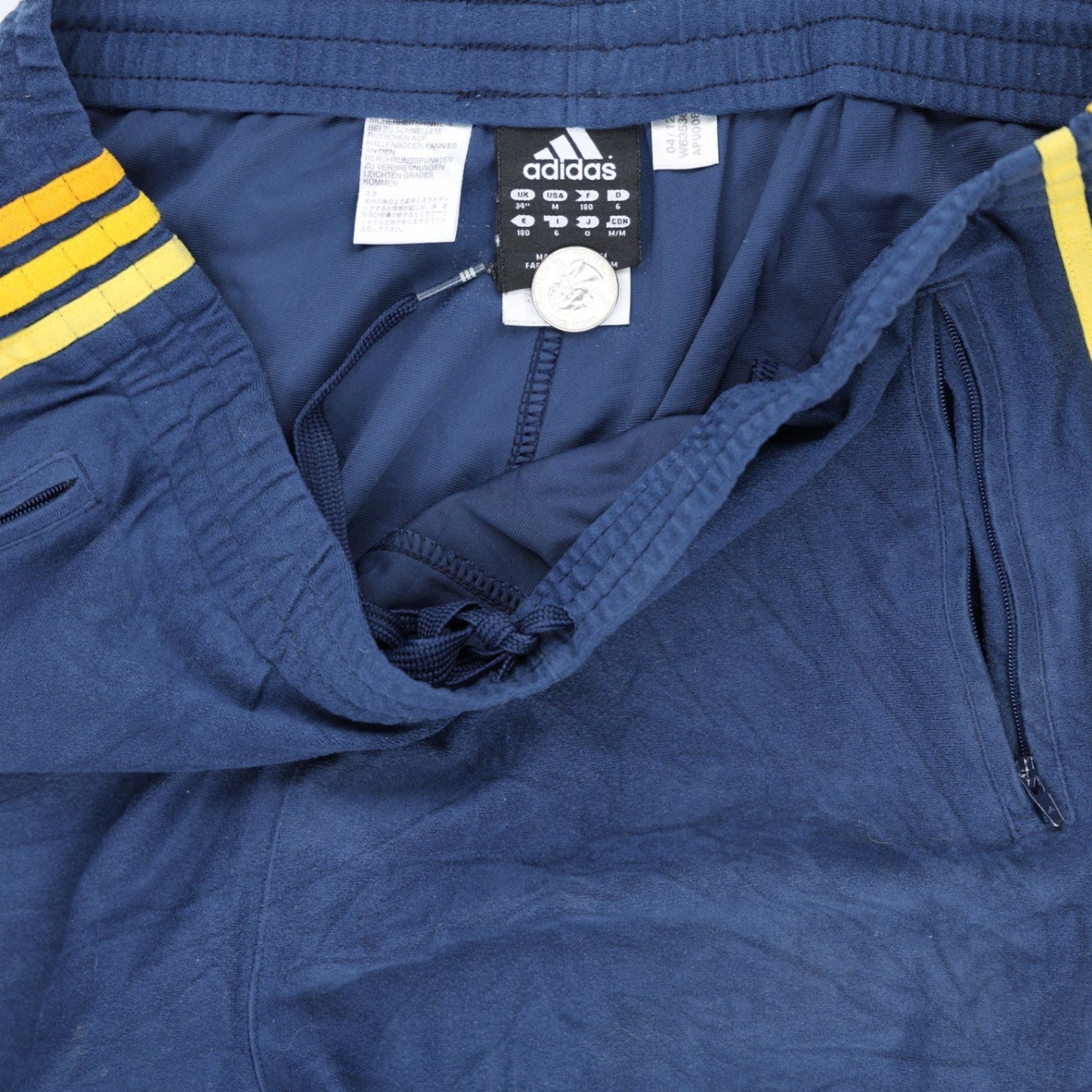 adidas Navy Blue Track Pants Medium Polyester Vintage with Yellow Side Stripes
