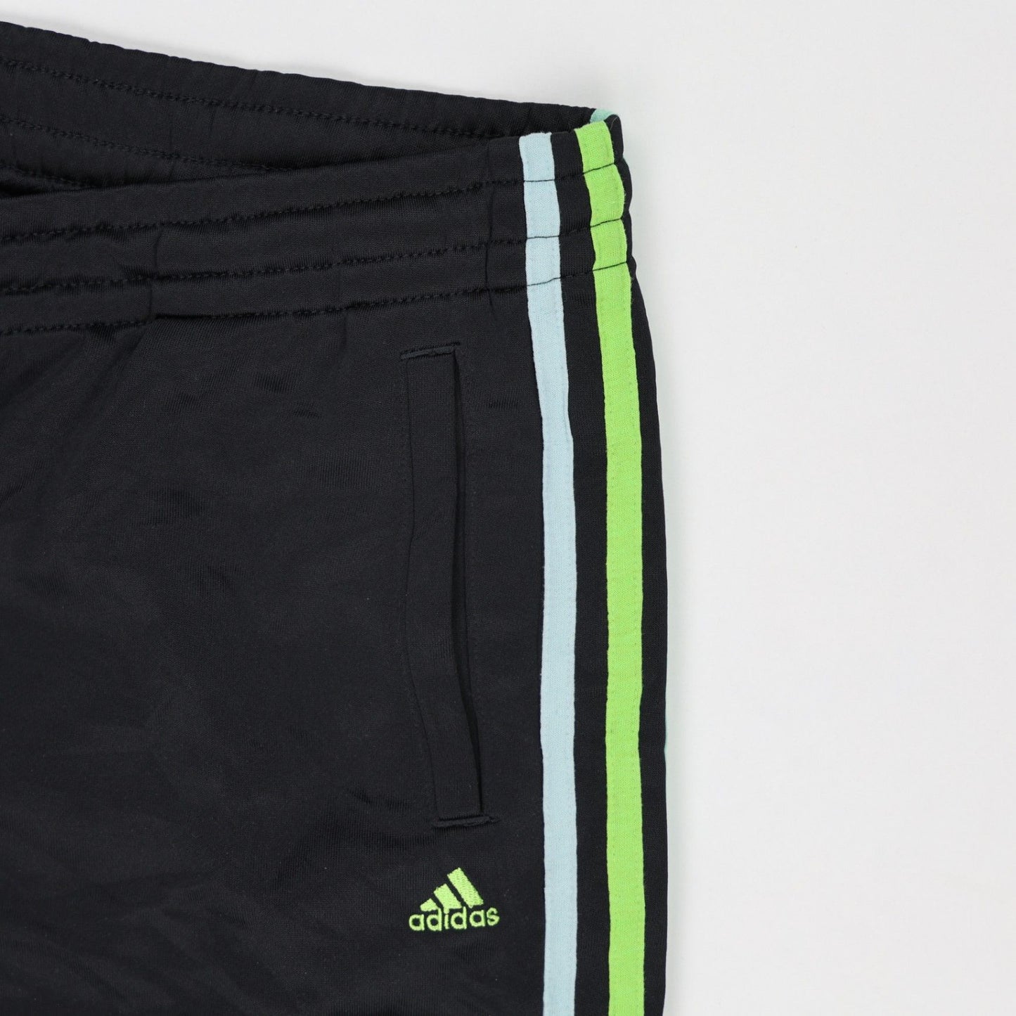 Adidas Essentials Black Track Pants Men's Size L Polyester 77 cm Inseam 42 cm Waist Neon Green Blue Stripes