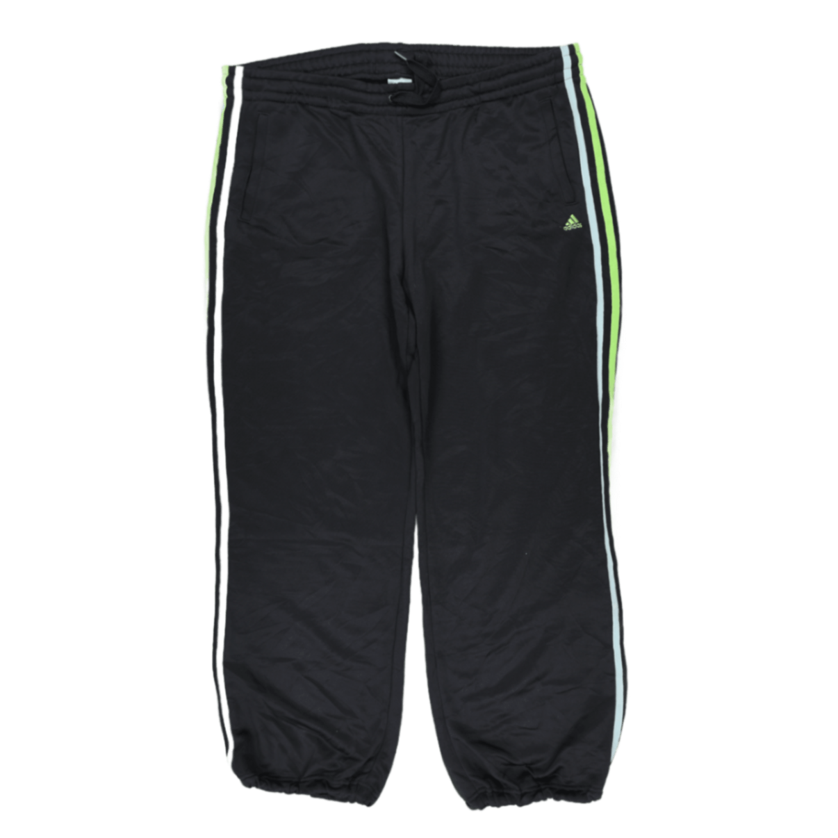 Adidas Essentials Black Track Pants Men's Size L Polyester 77 cm Inseam 42 cm Waist Neon Green Blue Stripes