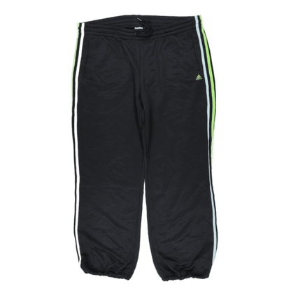 Adidas Essentials Black Track Pants Men's Size L Polyester 77 cm Inseam 42 cm Waist Neon Green Blue Stripes