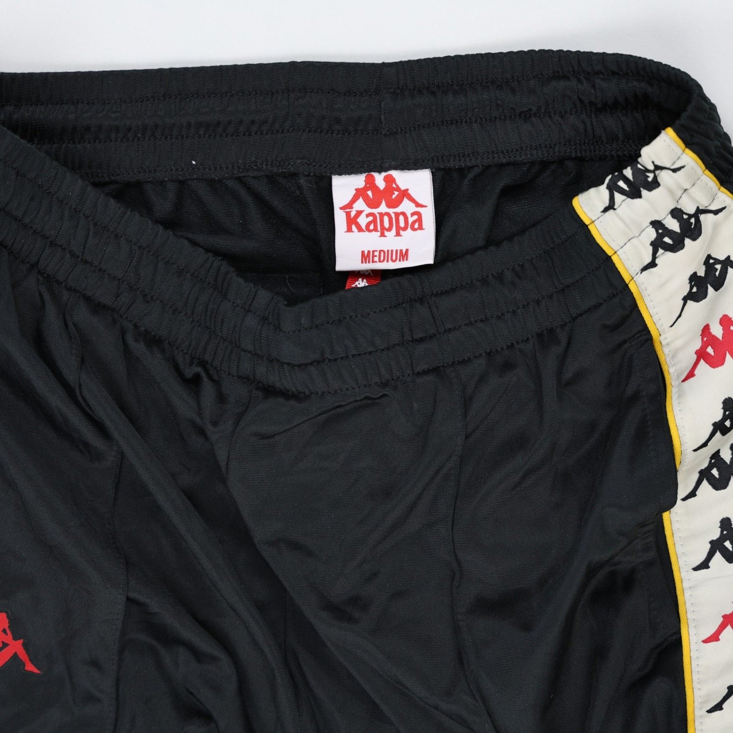 Kappa Black Yellow Logo Tape Track Pants Medium Polyester Vintage Mens Trousers 78 cm Inseam 84 cm Waist