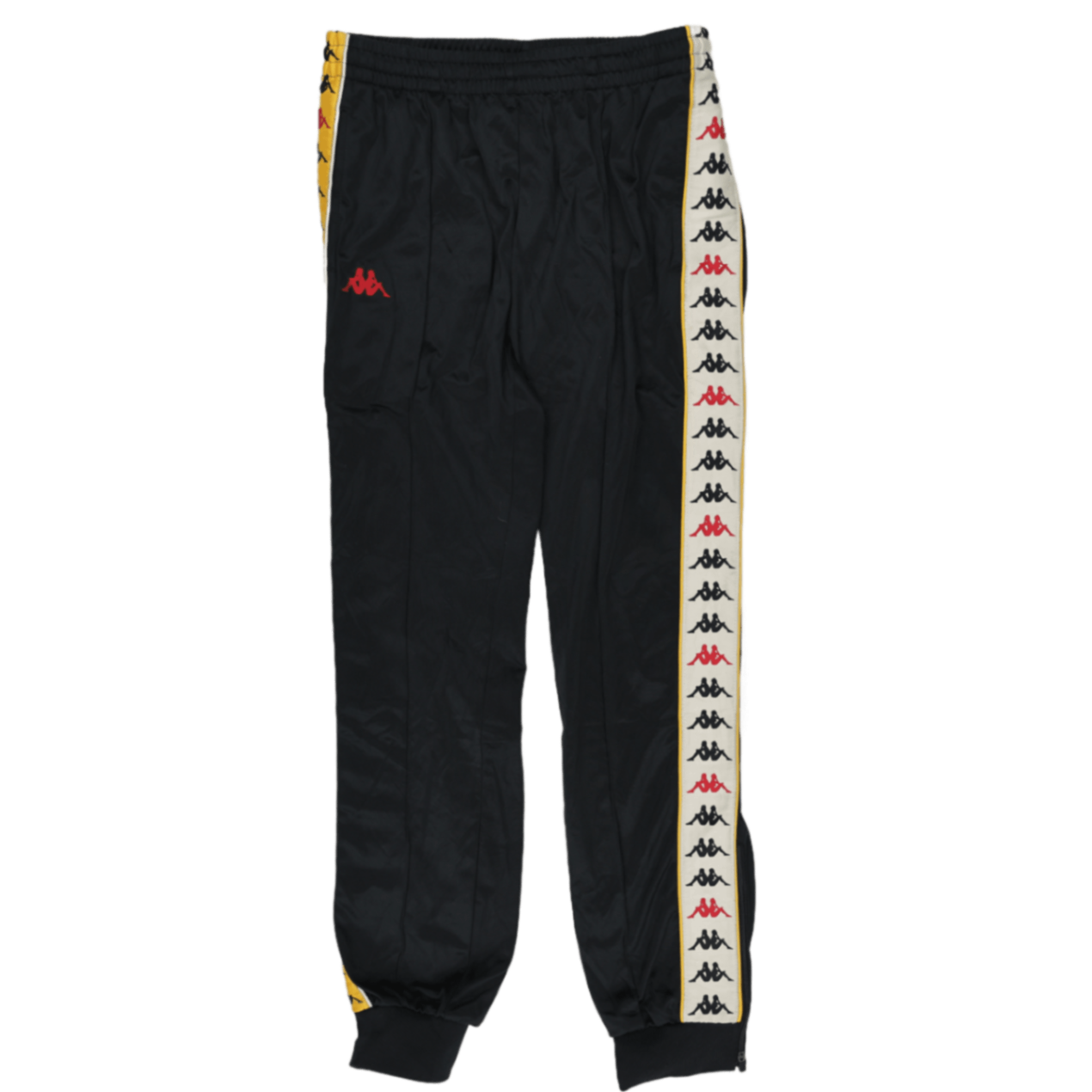 Kappa Black Yellow Logo Tape Track Pants Medium Polyester Vintage Mens Trousers 78 cm Inseam 84 cm Waist