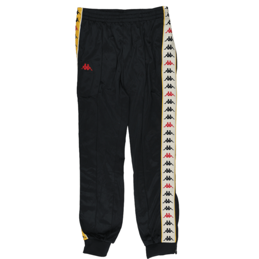 Kappa Black Yellow Logo Tape Track Pants Medium Polyester Vintage Mens Trousers 78 cm Inseam 84 cm Waist