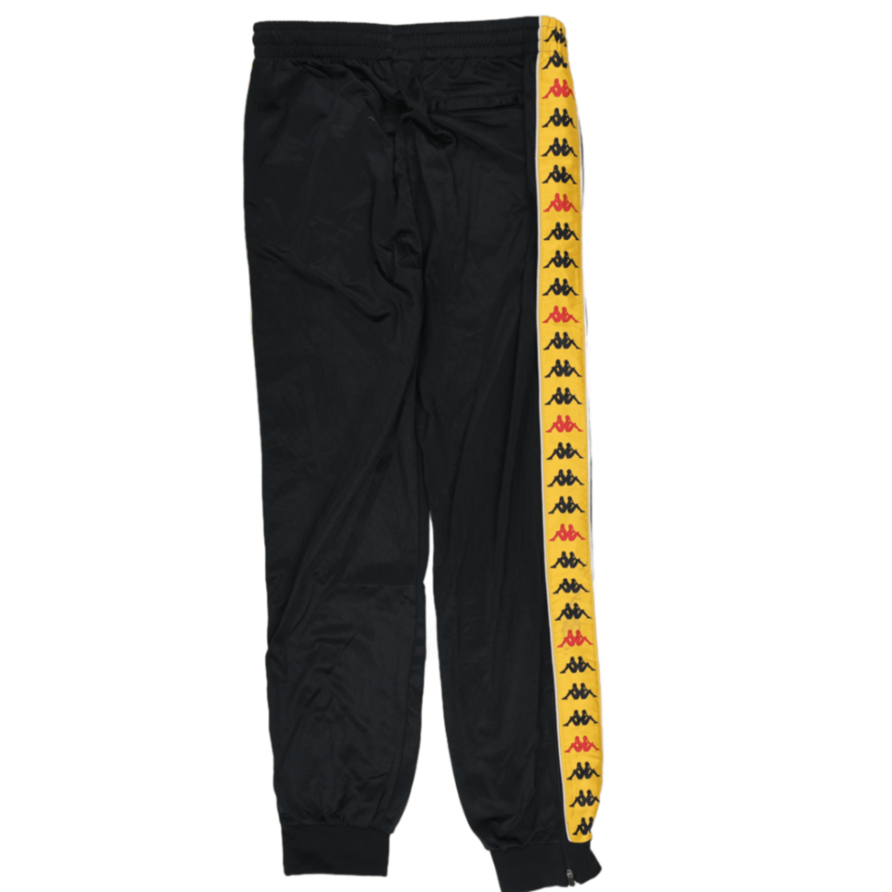Kappa Black Yellow Logo Tape Track Pants Medium Polyester Vintage Mens Trousers 78 cm Inseam 84 cm Waist