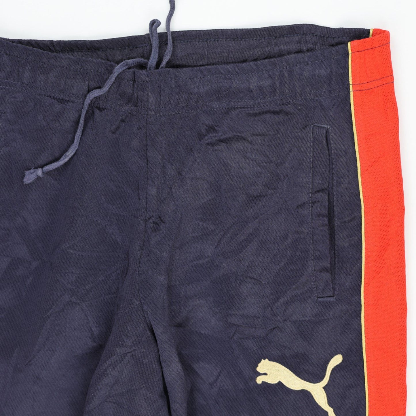 PUMA Vintage Navy Blue Track Pants for Men Large Polyester with Red Side Stripes