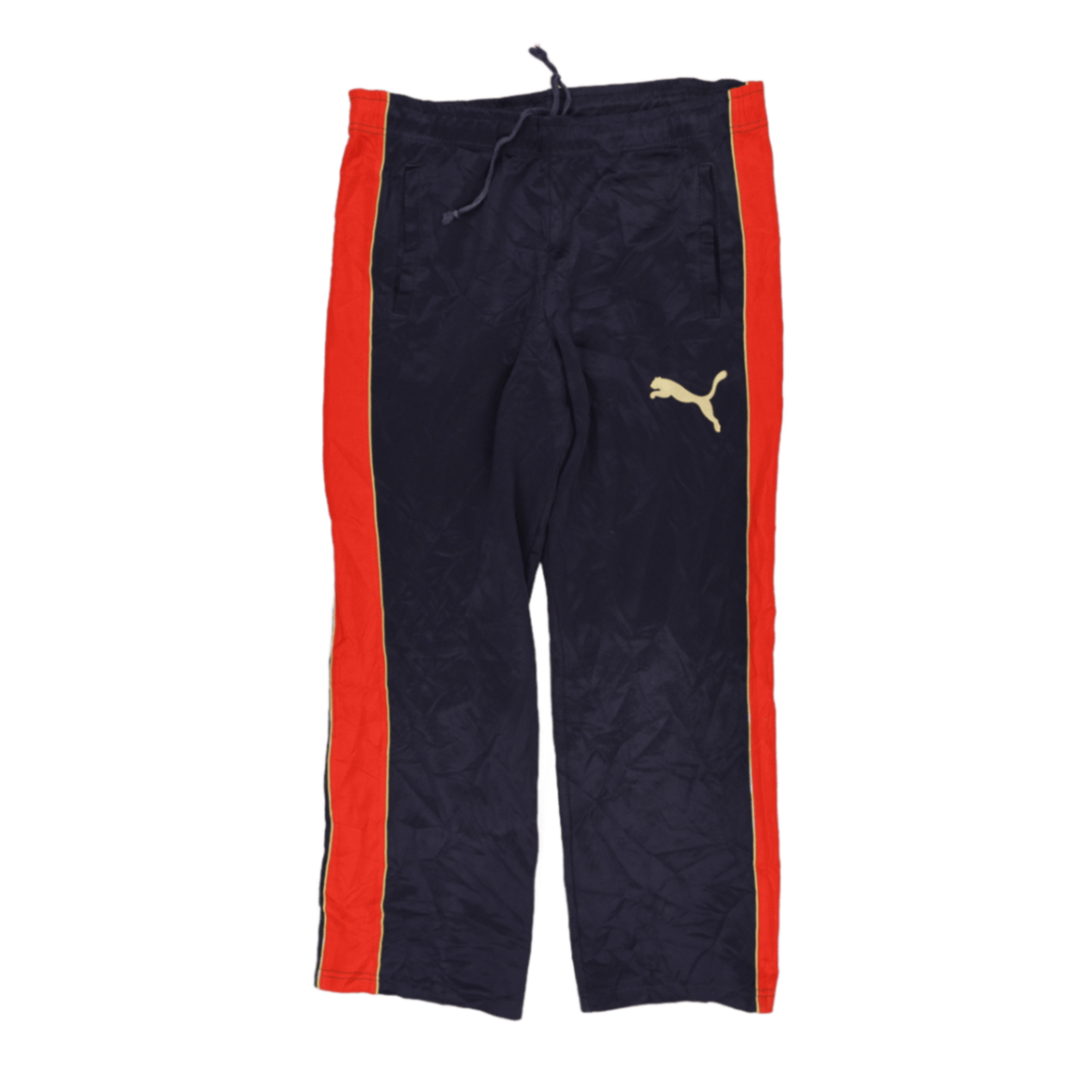 PUMA Vintage Navy Blue Track Pants for Men Large Polyester with Red Side Stripes