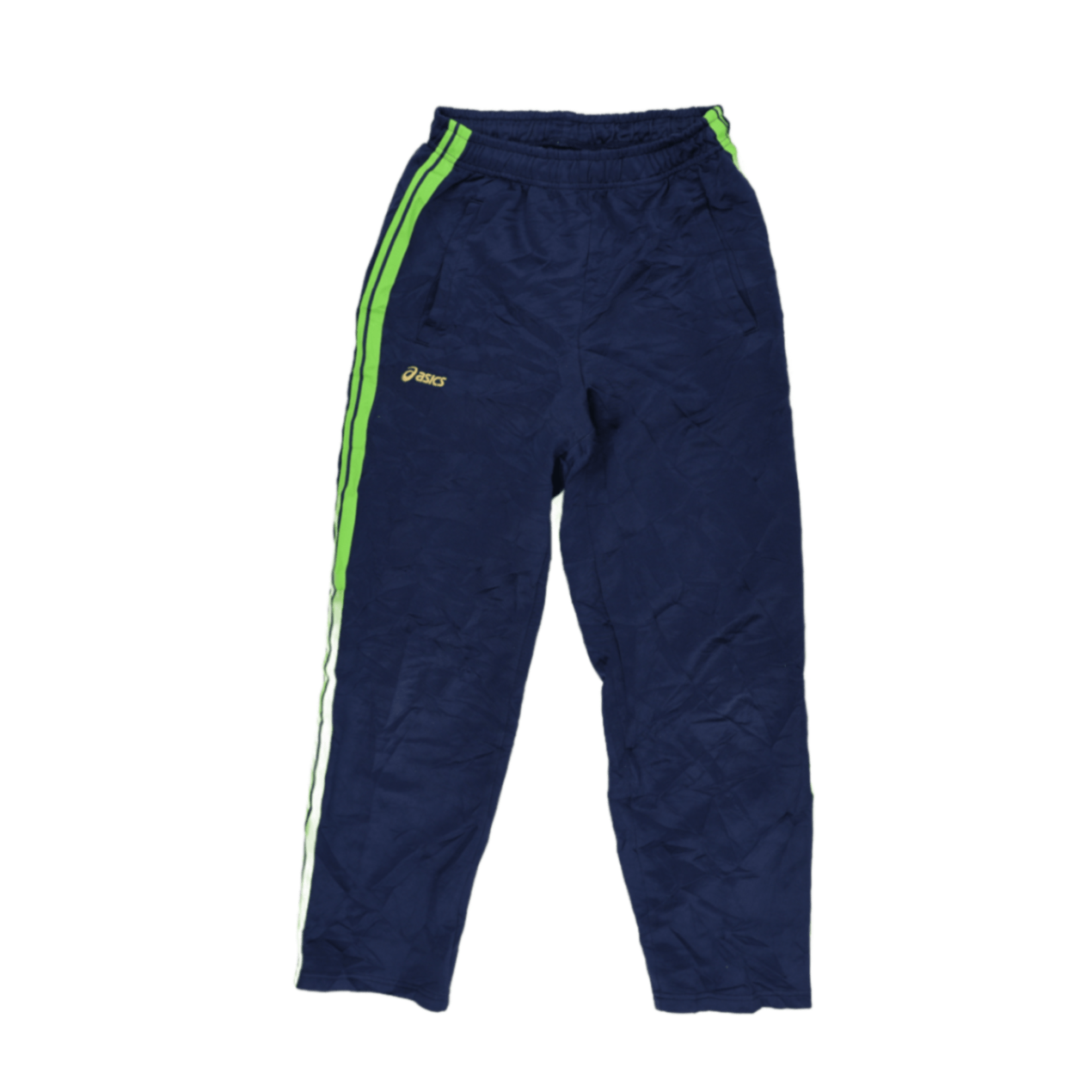 ASICS Vintage Navy Blue Track Trousers Unisex Medium Polyester with Neon Green Stripes
