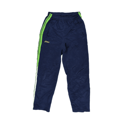 ASICS Vintage Navy Blue Track Trousers Unisex Medium Polyester with Neon Green Stripes