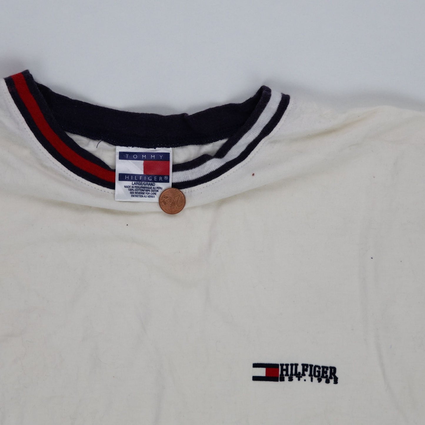 Tommy Hilfiger Vintage White Cotton T-Shirt Large Crew Neck Casual Style