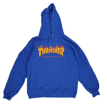 Thrasher Blue Flame Logo Pullover Hoodie for Men Large Cotton Blend