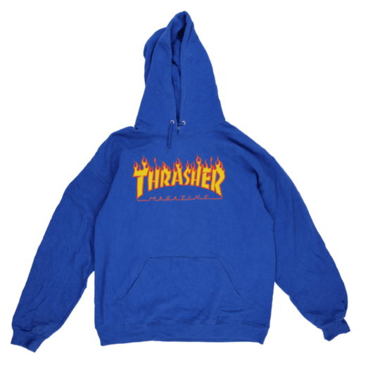Thrasher Blue Flame Logo Pullover Hoodie for Men Large Cotton Blend