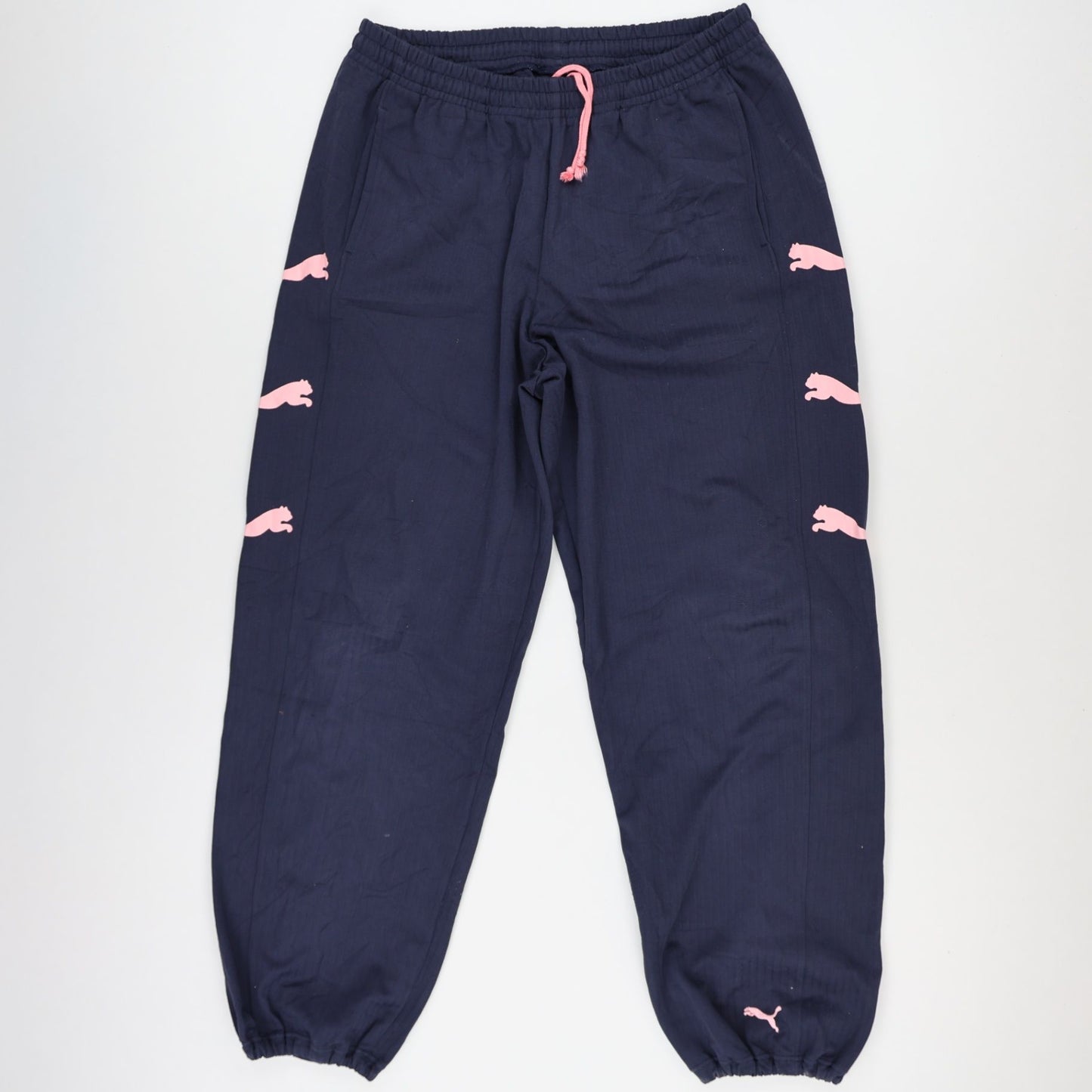 PUMA Navy Blue Track Pants Extra Large Polyester Blend with Pink Logos