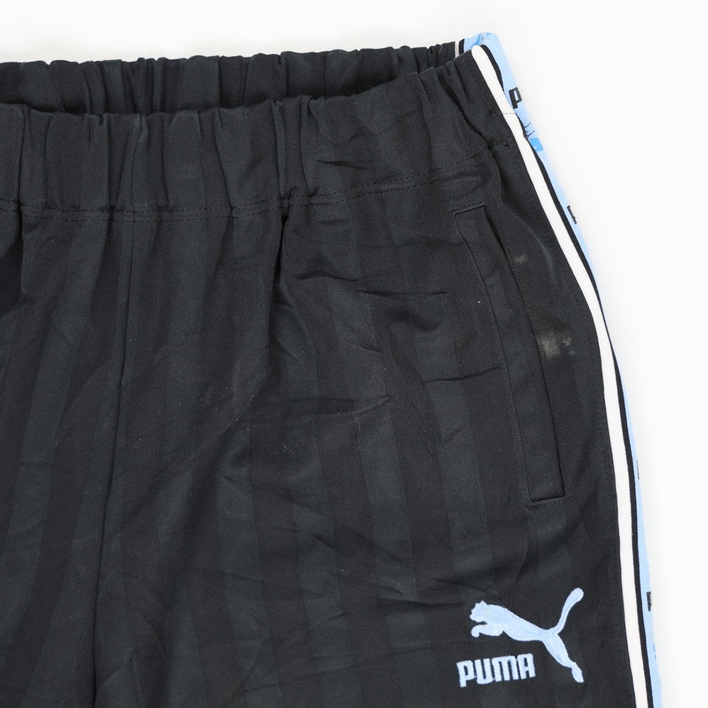 PUMA Vintage Black Track Pants Lightweight Polyester Size L with Blue Side Stripe