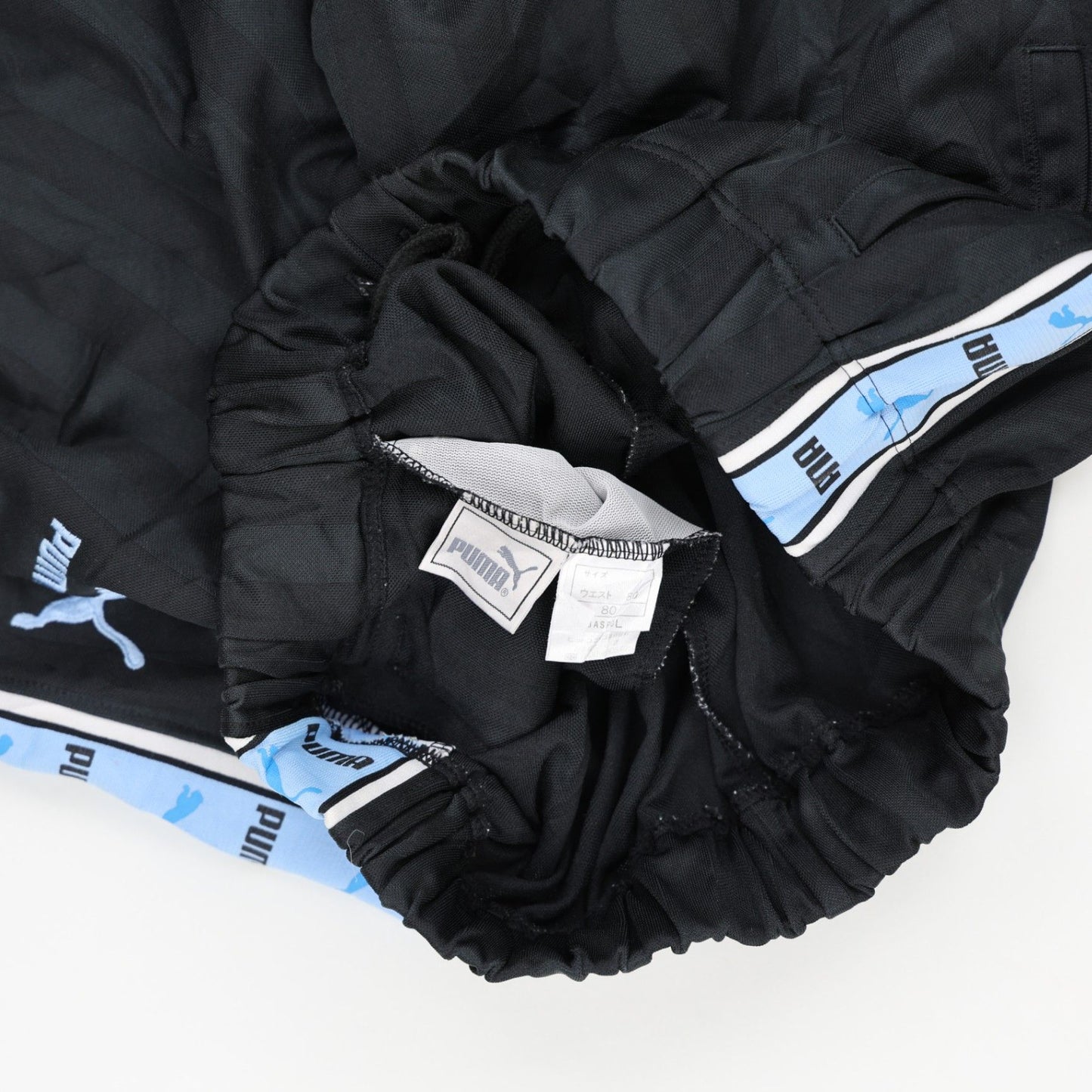 PUMA Vintage Black Track Pants Lightweight Polyester Size L with Blue Side Stripe