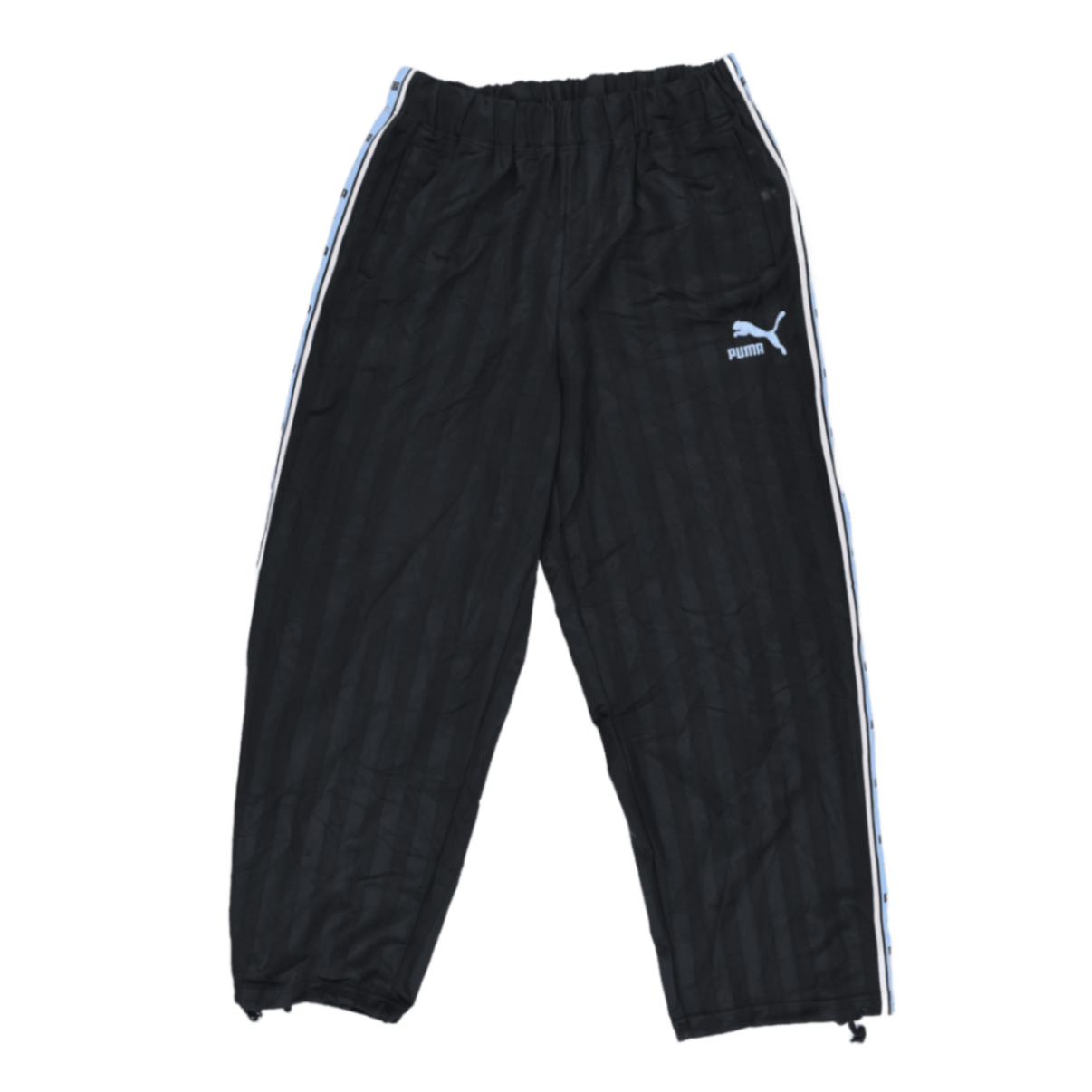 PUMA Vintage Black Track Pants Lightweight Polyester Size L with Blue Side Stripe