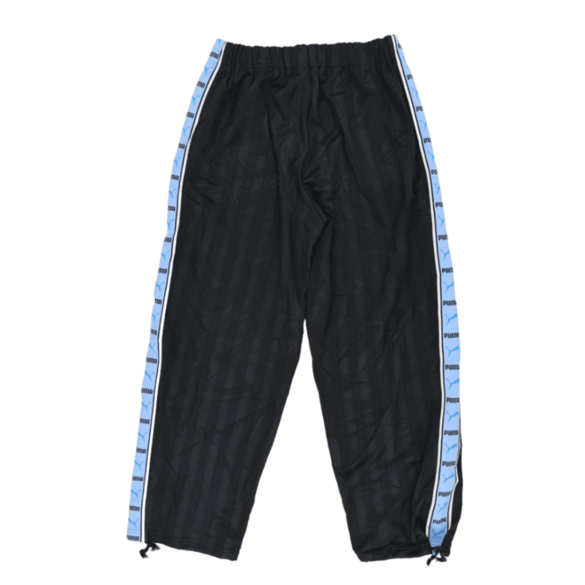 PUMA Vintage Black Track Pants Lightweight Polyester Size L with Blue Side Stripe