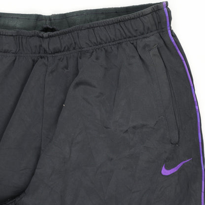 Nike Black Track Pants Men Size M Polyester Vintage 77cm Inseam Purple Swoosh