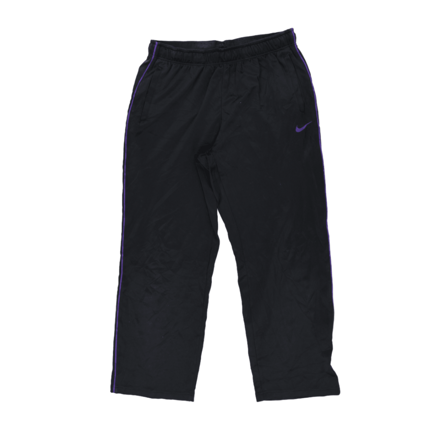 Nike Black Track Pants Men Size M Polyester Vintage 77cm Inseam Purple Swoosh
