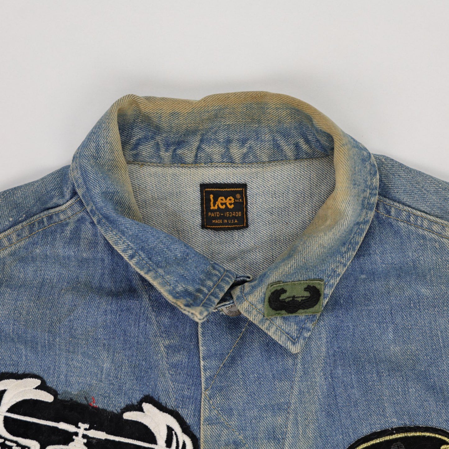 Lee Vintage Denim Jacket Blue Cotton Denim Size M with Harley Davidson Embroidery and Military Patches