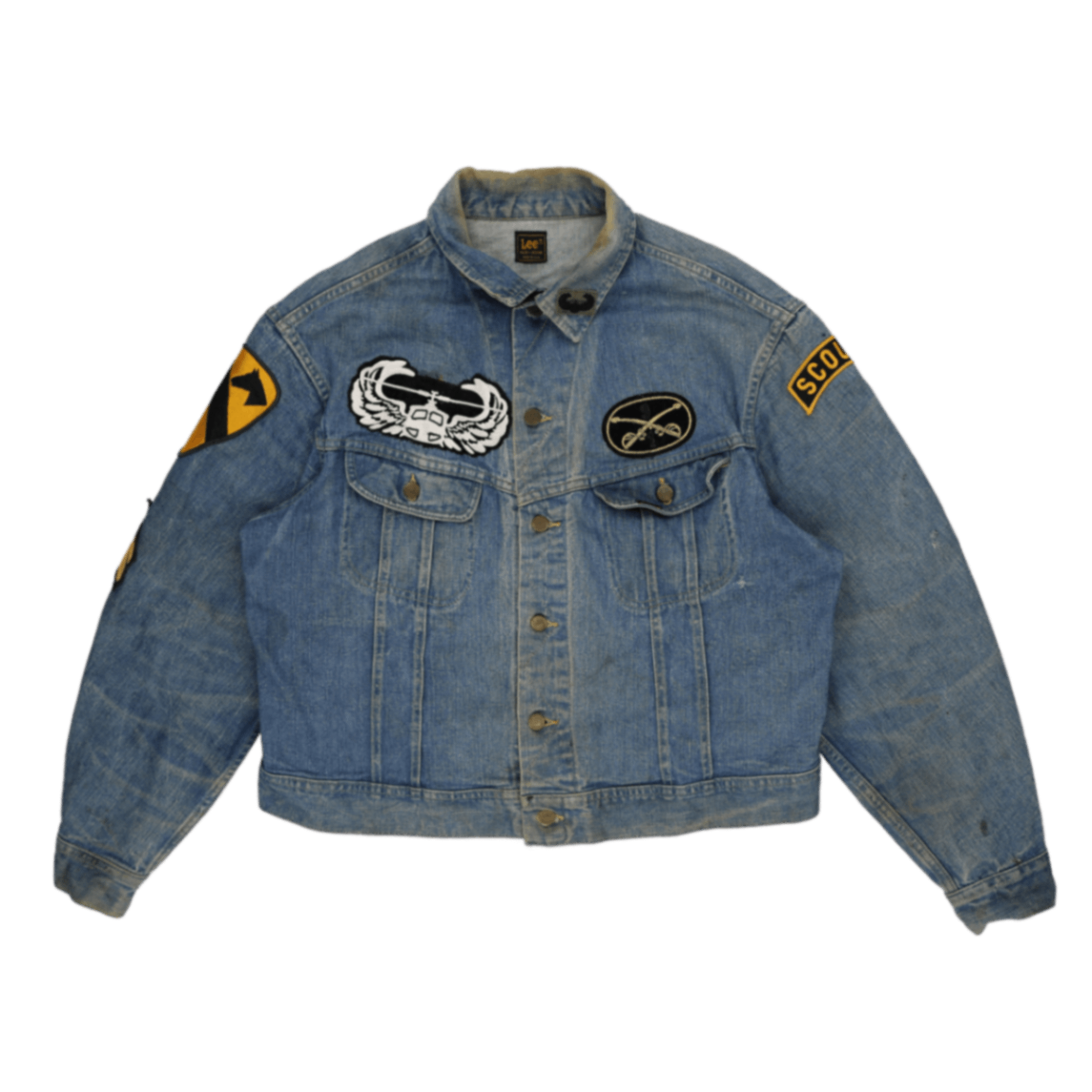 Lee Vintage Denim Jacket Blue Cotton Denim Size M with Harley Davidson Embroidery and Military Patches