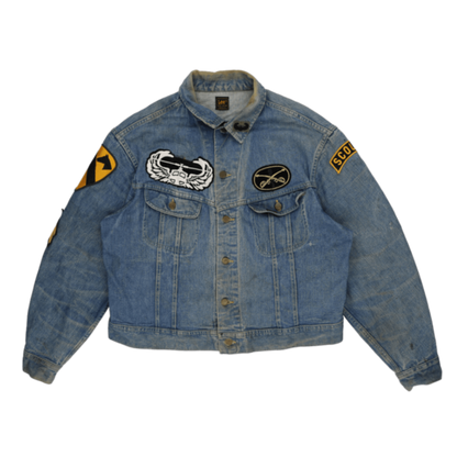 Lee Vintage Denim Jacket Blue Cotton Denim Size M with Harley Davidson Embroidery and Military Patches