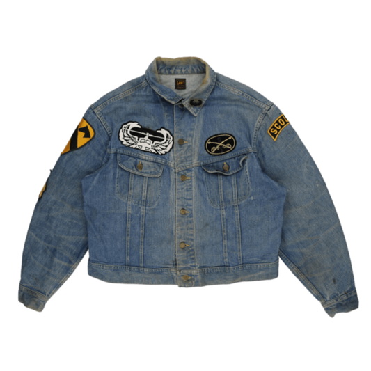 Lee Vintage Denim Jacket Blue Cotton Denim Size M with Harley Davidson Embroidery and Military Patches