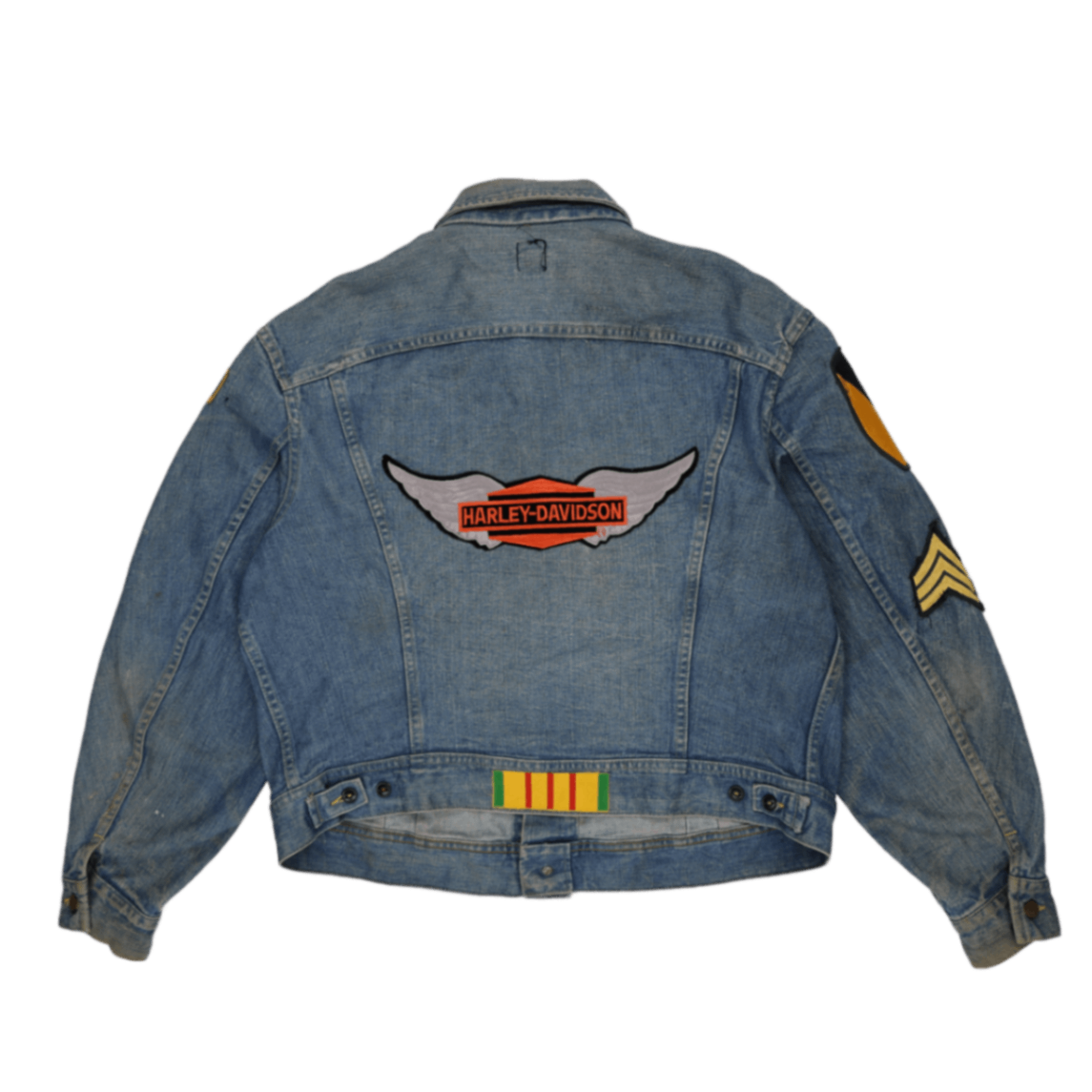 Lee Vintage Denim Jacket Blue Cotton Denim Size M with Harley Davidson Embroidery and Military Patches