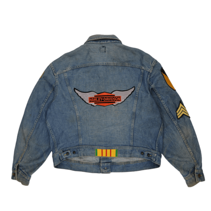 Lee Vintage Denim Jacket Blue Cotton Denim Size M with Harley Davidson Embroidery and Military Patches