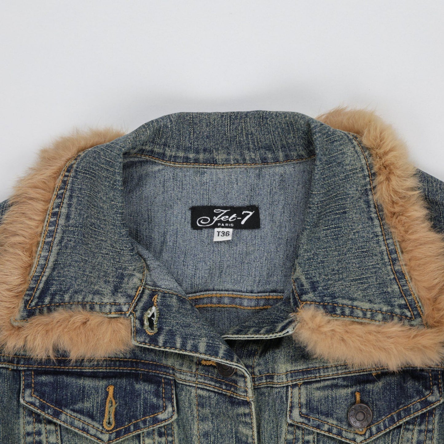 Jet-7 Paris Women's Vintage Blue Denim Jacket Size 36 UK 8 98 Cotton 2 Elastane Faux Fur Trim Collared