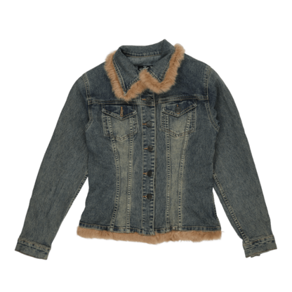 Jet-7 Paris Women's Vintage Blue Denim Jacket Size 36 UK 8 98 Cotton 2 Elastane Faux Fur Trim Collared