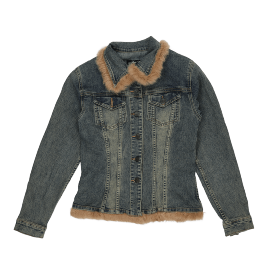 Jet-7 Paris Women's Vintage Blue Denim Jacket Size 36 UK 8 98 Cotton 2 Elastane Faux Fur Trim Collared
