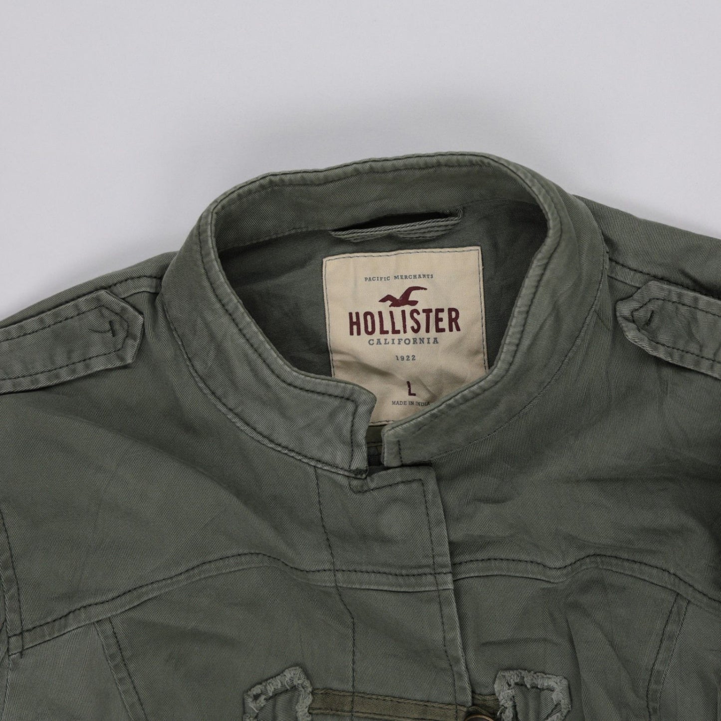 Hollister Olive Military Jacket Large 100% Cotton Stand Collar