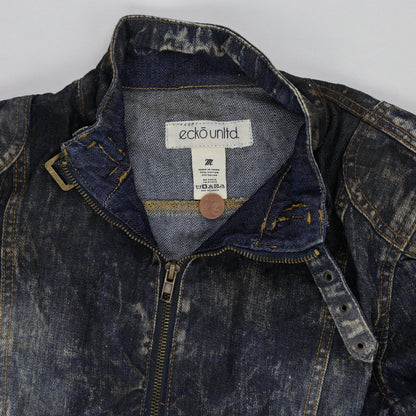 Ecko Unltd Distressed Blue Denim Biker Jacket Medium Cotton