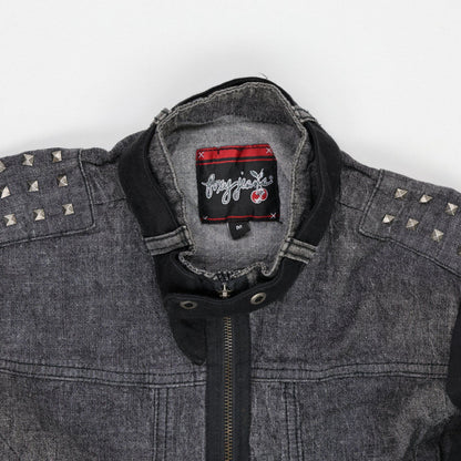 Foxy Jeans Black Denim Biker Jacket Women's Medium Studded Shoulder Collared Style
