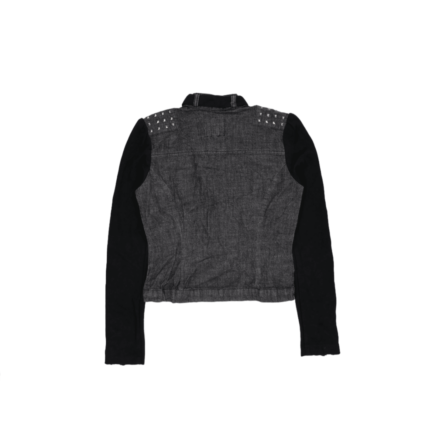 Foxy Jeans Black Denim Biker Jacket Women's Medium Studded Shoulder Collared Style