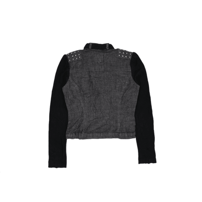 Foxy Jeans Black Denim Biker Jacket Women's Medium Studded Shoulder Collared Style
