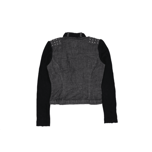 Foxy Jeans Black Denim Biker Jacket Women's Medium Studded Shoulder Collared Style