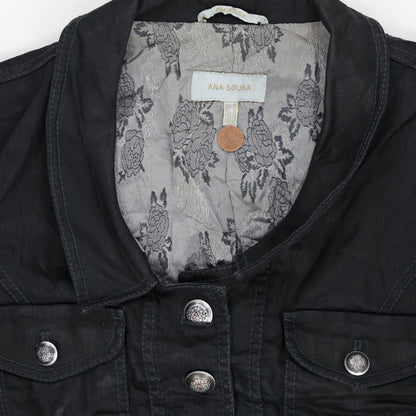 Ana Sousa Black Cropped Denim Jacket UK 10 Cotton Denim Collared Women's Outerwear