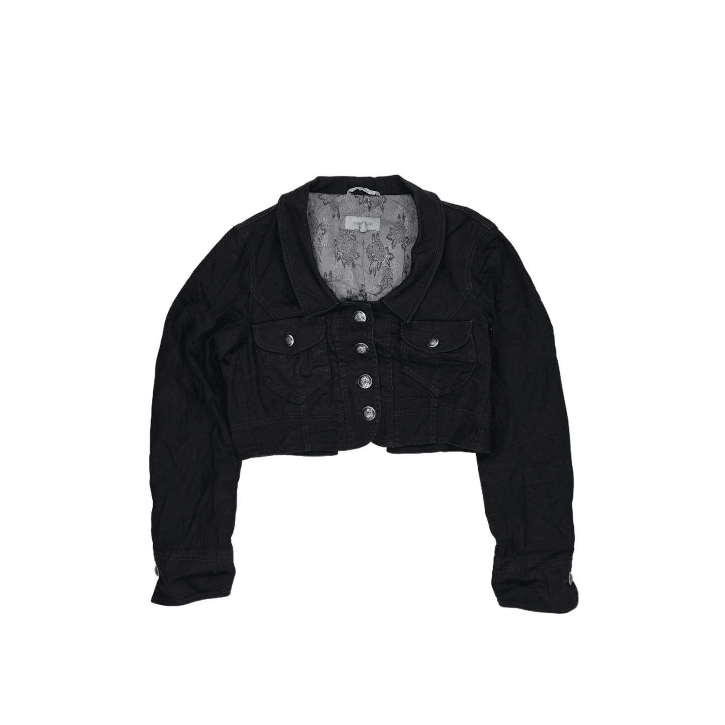 Ana Sousa Black Cropped Denim Jacket UK 10 Cotton Denim Collared Women's Outerwear