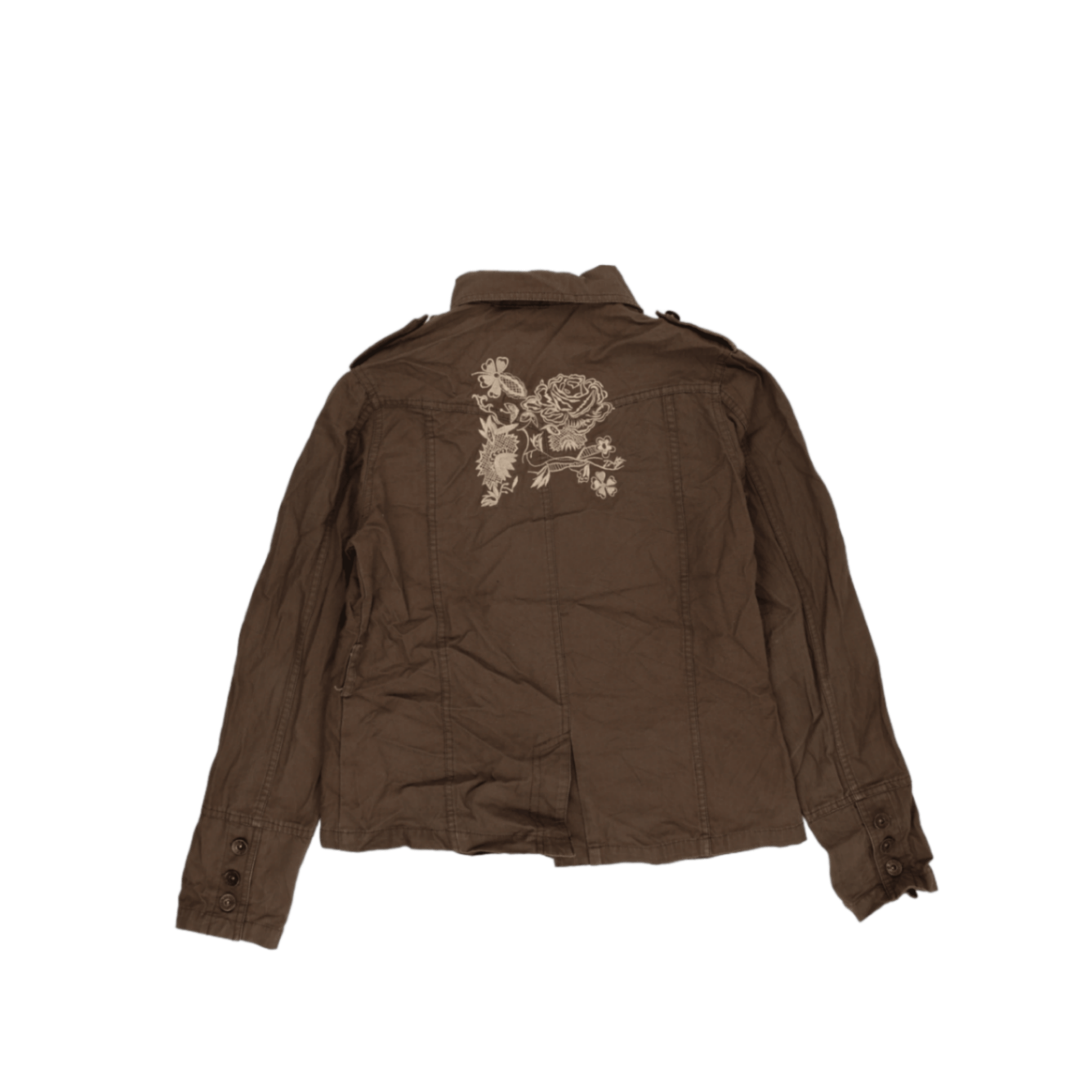 River Flower Brown Embroidered Utility Jacket Womens Size S Cotton