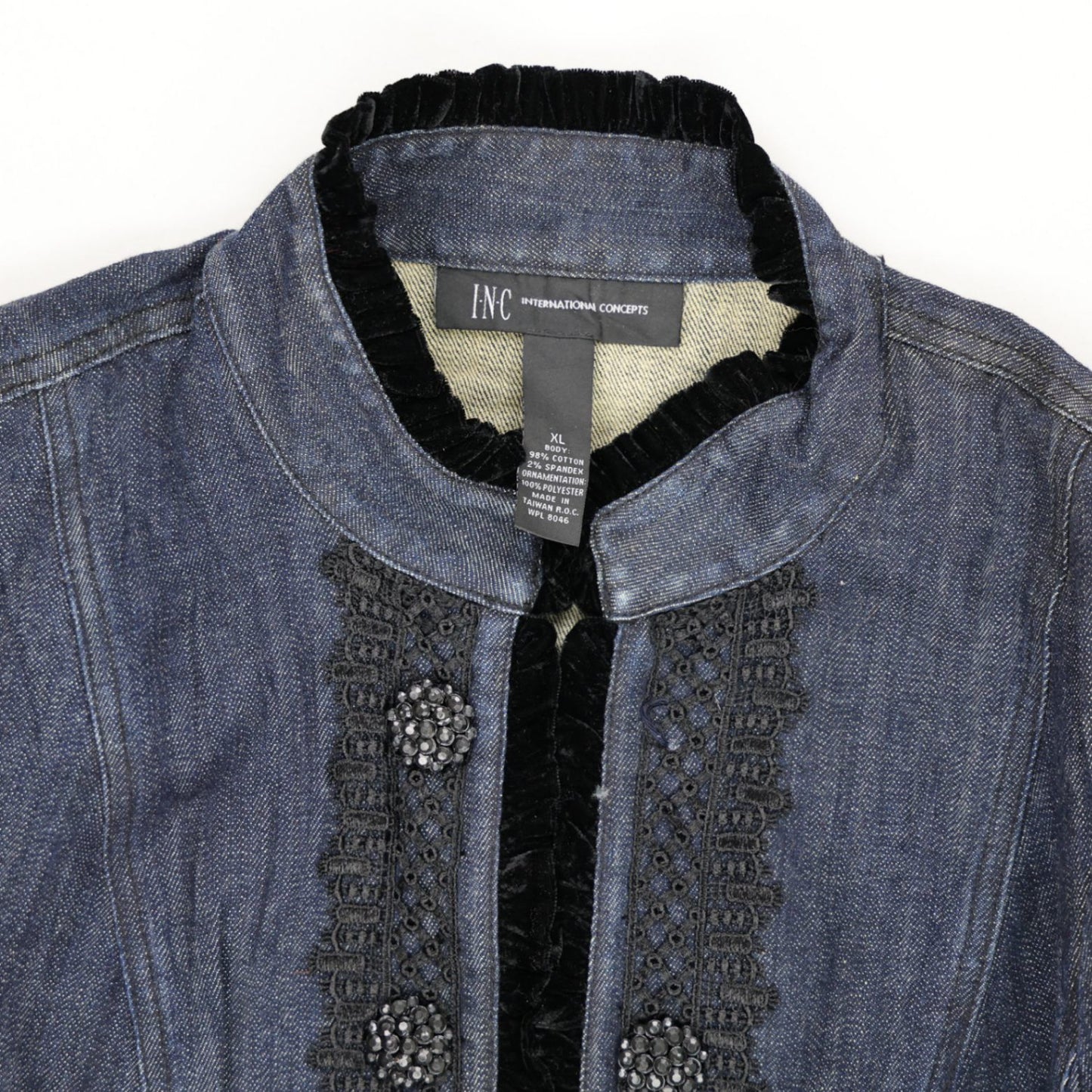 INC International Concepts Embellished Denim Jacket Blue Black XL Cotton Blend Vintage
