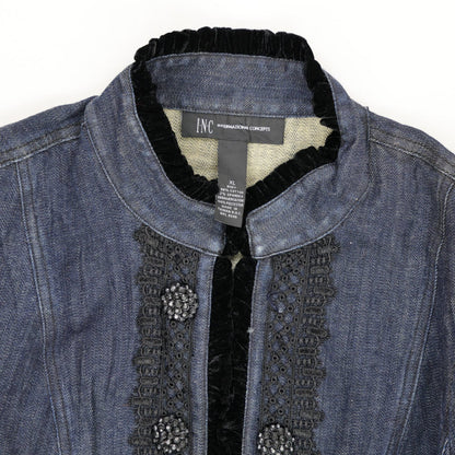 INC International Concepts Embellished Denim Jacket Blue Black XL Cotton Blend Vintage