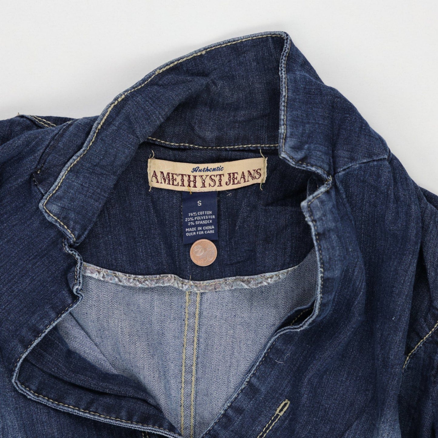 Amethyst Jeans Women's Dark Blue Denim Jacket Size S 70% Cotton 28% Polyester 2% Spandex Collared