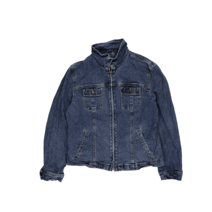 Vintage Blue Denim Jacket High Collar Medium Cotton Denim Unisex Size UK 12