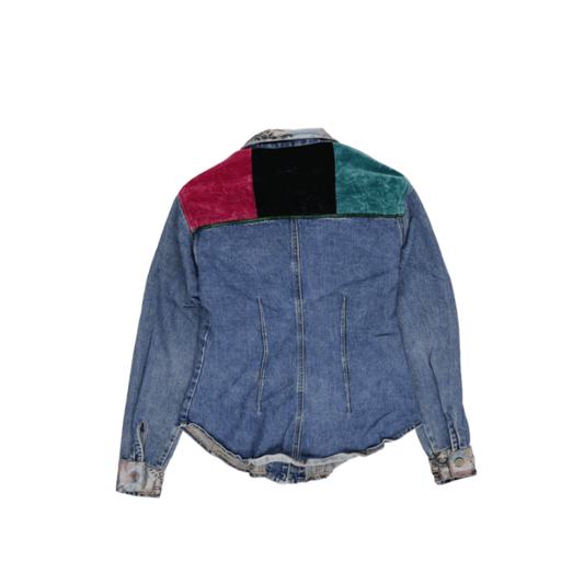 Breaker Vintage Colour Block Denim Western Jacket Blue Red Teal Floral Trim Size Small Cotton Velvet 90s Style