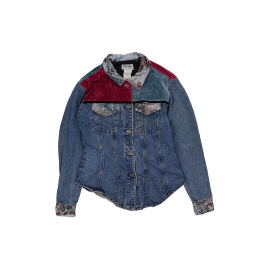 Breaker Vintage Colour Block Denim Western Jacket Blue Red Teal Floral Trim Size Small Cotton Velvet 90s Style