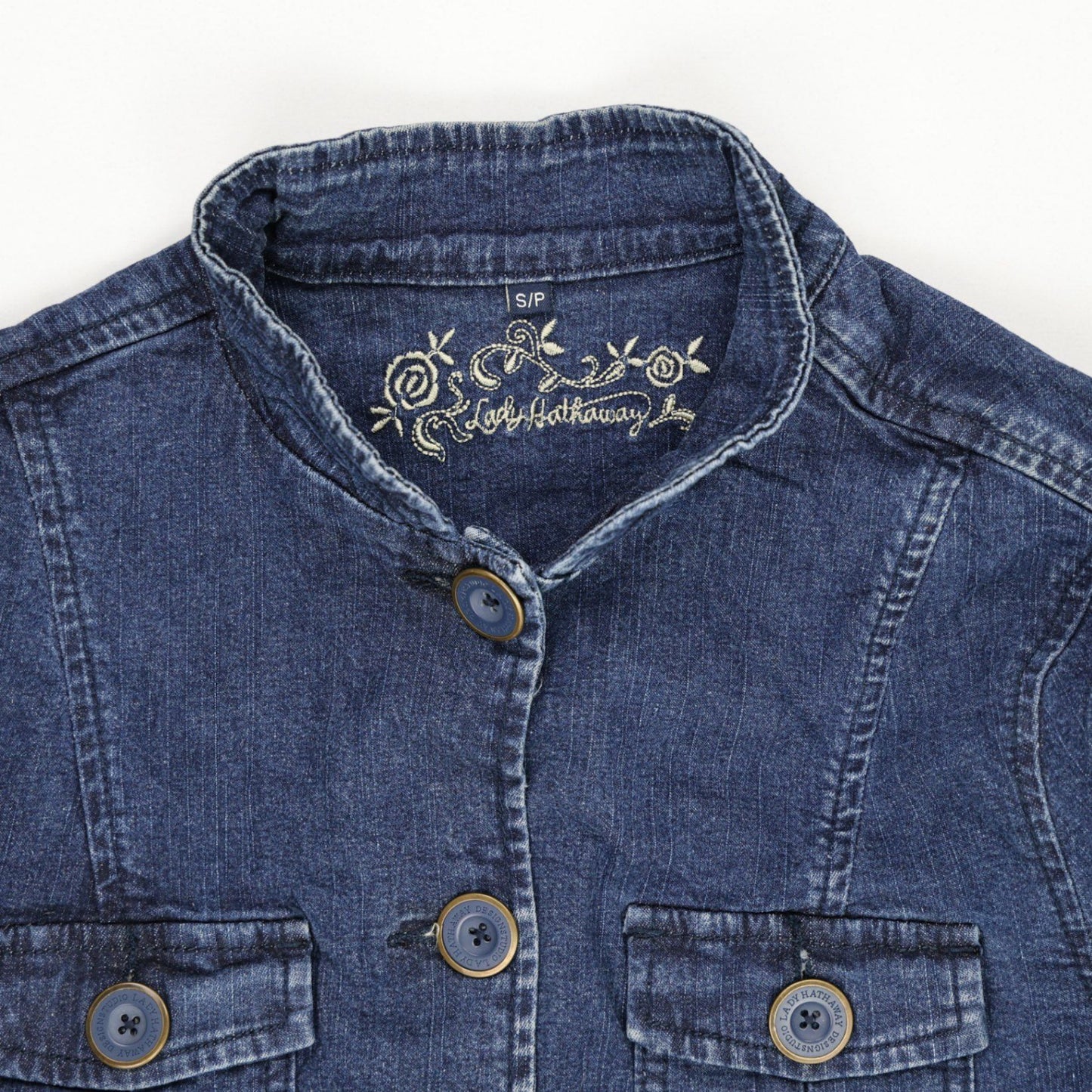 Lady Hathaway Denim Utility Jacket Blue Small Cotton Long Sleeve Military Collar Vintage
